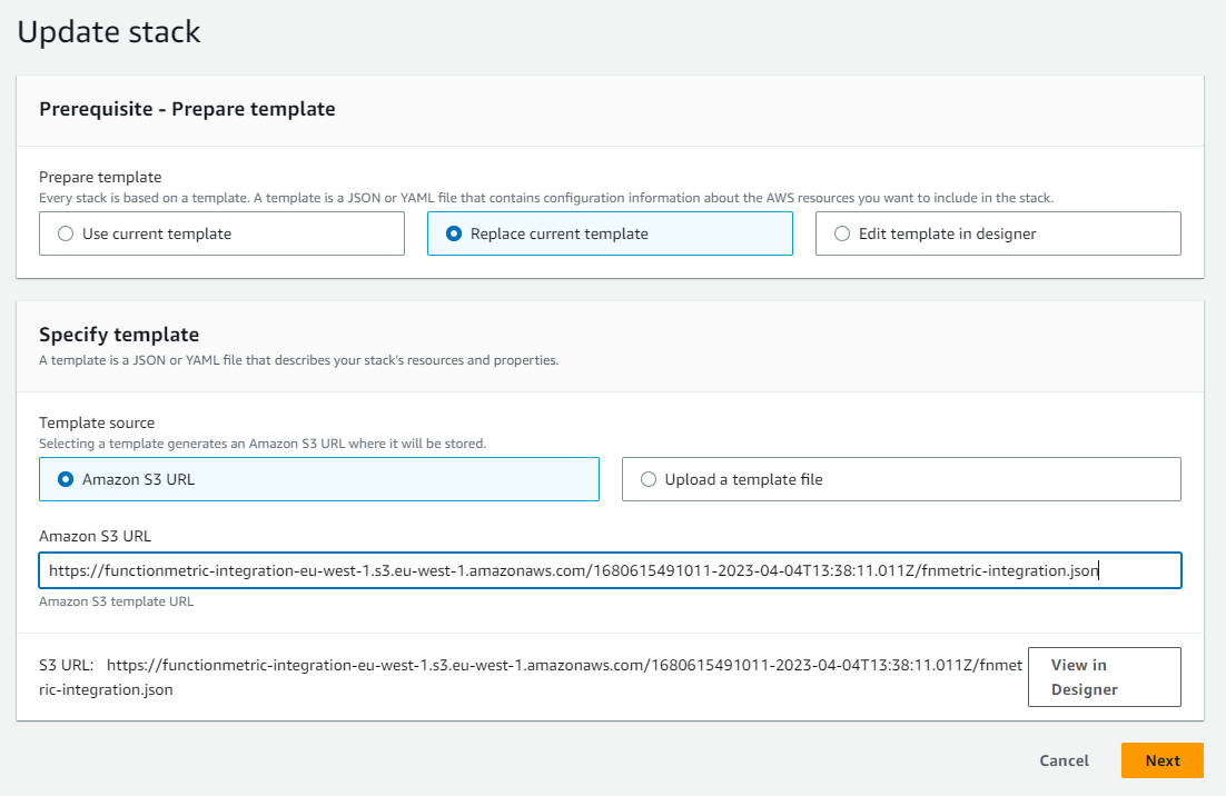 Update stack template URL in AWS Console